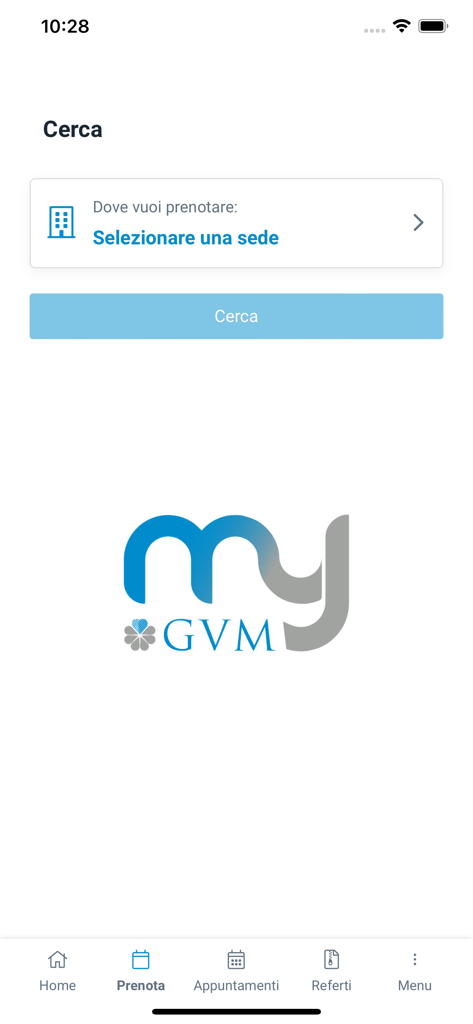 Écran de recherche de l'application médicale MY GVM pour sélectionner un établissement de santé