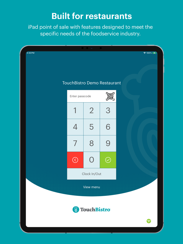 TouchBistro iPad POS login screen with a numeric passcode keypad for restaurant staff