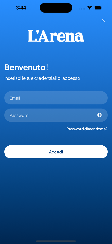 Login screen for LArena news app of Verona with email and password fields