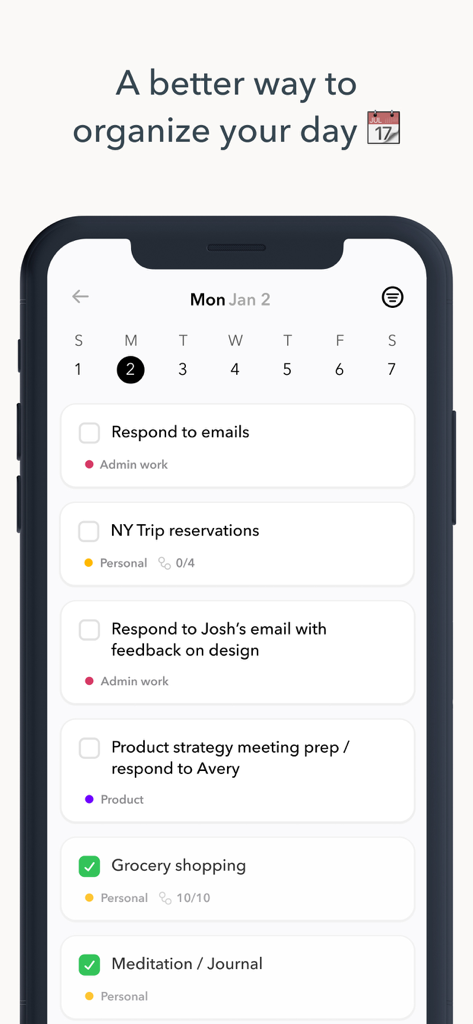 Minimalist task list interface of the Ellie Daily Planner app on an iPhone