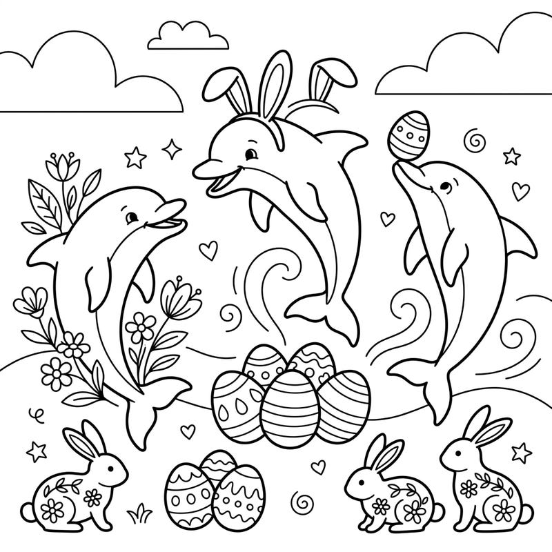Get ready for an ocean of fun with this unique Easter coloring page, where cheerful dolphins join adorable bunnies in a festive springtime celebration. This delightful scene is filled with decorated eggs and blooming flowers, perfect for bringing vibrant colors to life.