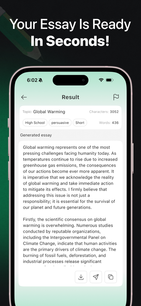 AI Essay Writer : Essay Helper - Una pantalla móvil que muestra un ensayo persuasivo generado sobre el calentamiento global en la aplicación AI Essay Writer.