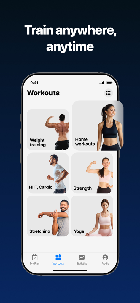 Fitify app interface displaying diverse workout categories like HIIT, Strength, and Yoga.