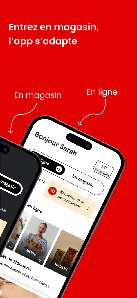 M' Monoprix - Interfaccia dell'app M Monoprix che mostra le opzioni di acquisto online e in negozio su uno schermo di smartphone