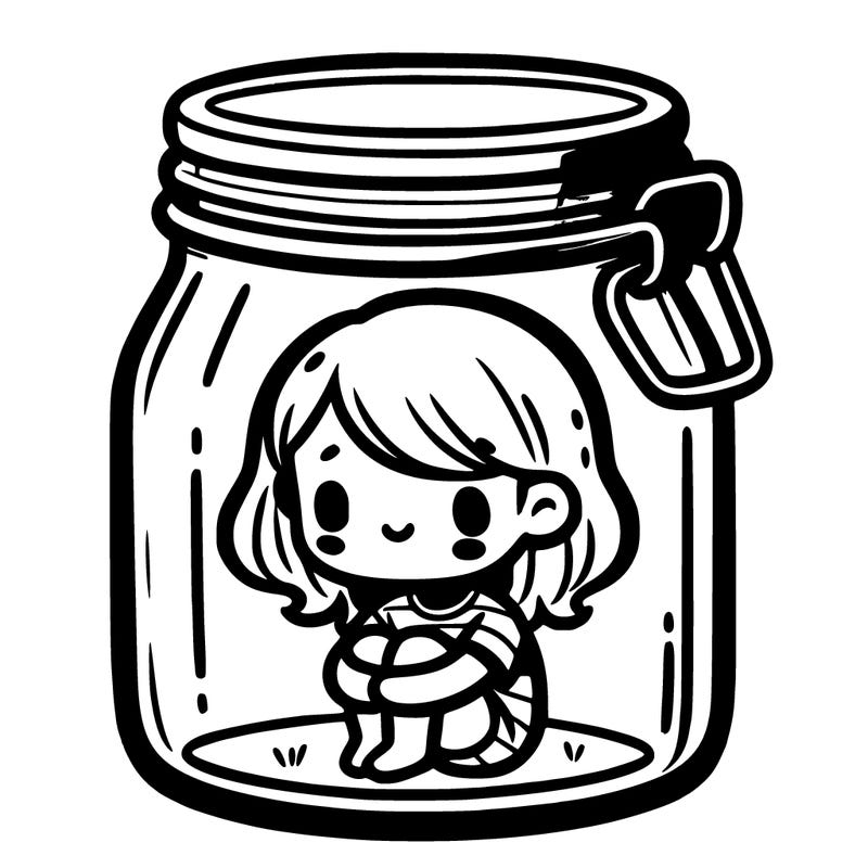 a small girl sitting in a glass jar closed