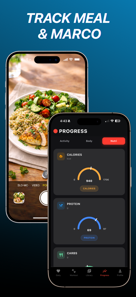 ad FREE WORKOUT APPS iFitness - Interface de l'application FitBeast montrant le suivi des photos de repas et le tableau de bord de progression nutritionnelle pour les calories et les protéines