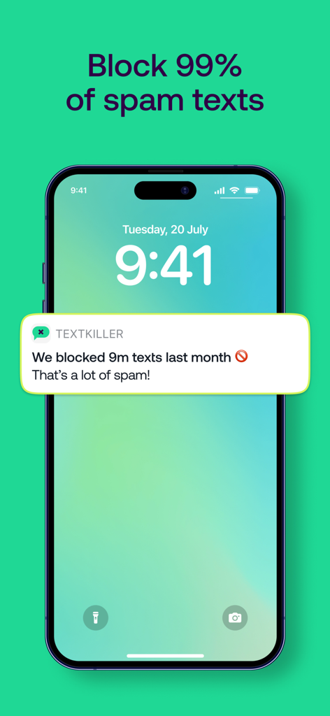 iPhone screen displaying a Textkiller notification stating nine million spam texts were blocked