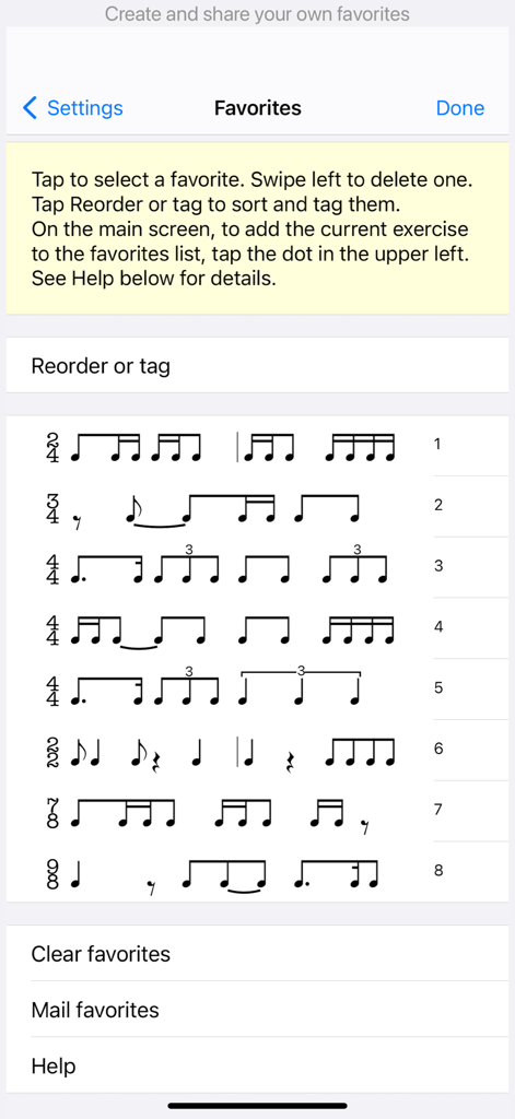 A list of saved rhythm exercises in various time signatures within the favorites menu of the app.