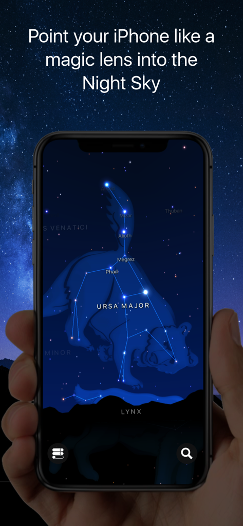 An iPhone screen displaying the Ursa Major constellation over a starry night sky using the Starlight app magic lens feature.