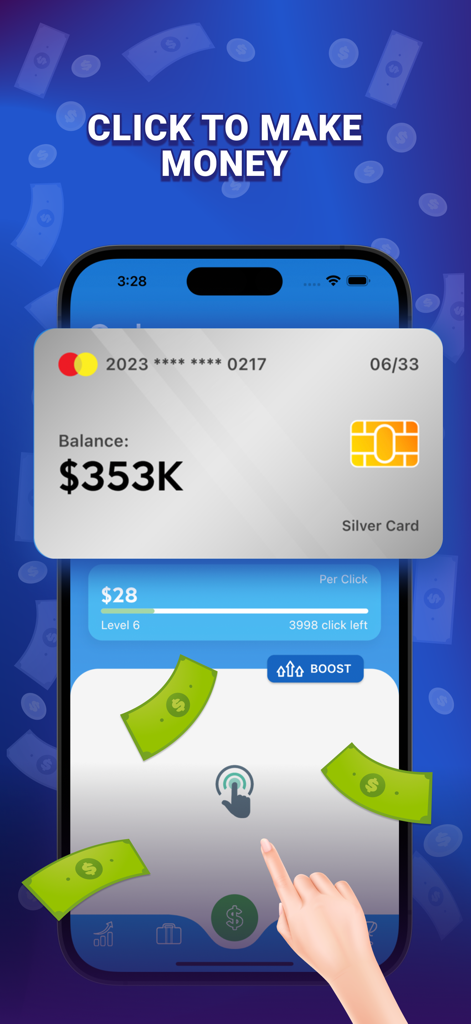 Business Tycoon: Idle Clicker - A person tapping a smartphone screen to earn money in the Business Tycoon idle clicker game showing a silver card with a large cash balance