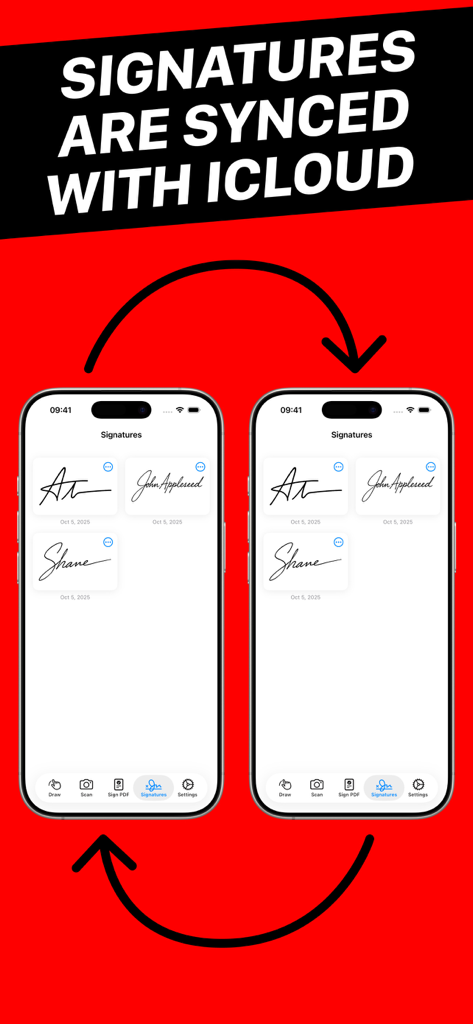 Zwei iPhones, die synchronisierte digitale Signaturen über die iCloud-Synchronisierungsfunktion anzeigen.