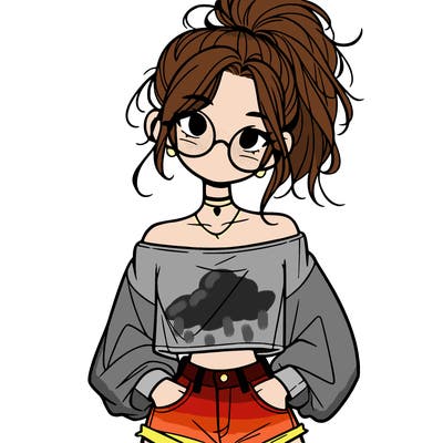 girl with a messy ponytail glasses a baggy crop top and jean shorts