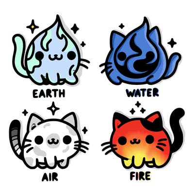 4 cats that represent the different elements, earth, water, air, and fire