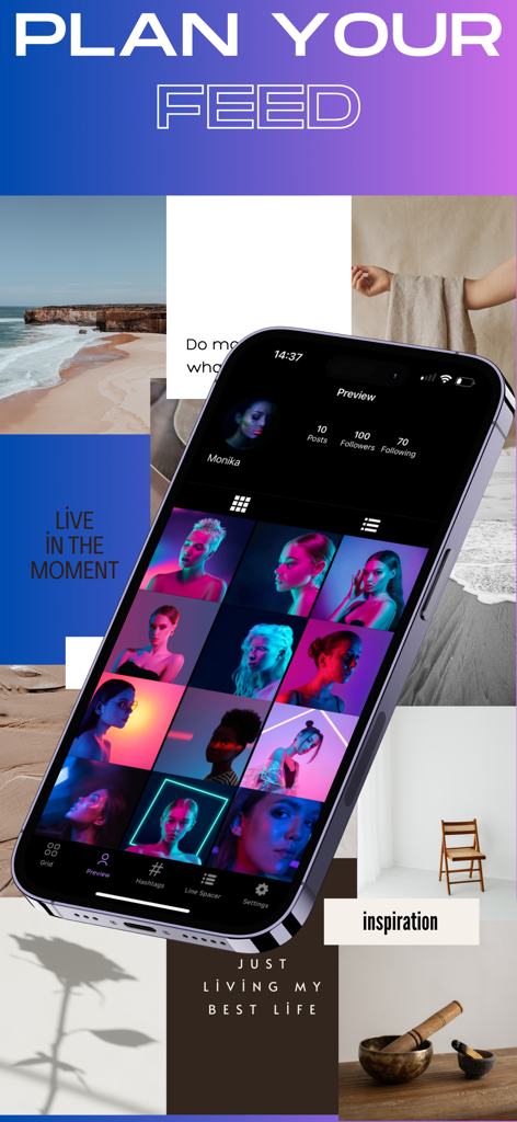 A smartphone displaying the Grid Maker app interface for planning and previewing an Instagram feed layout.