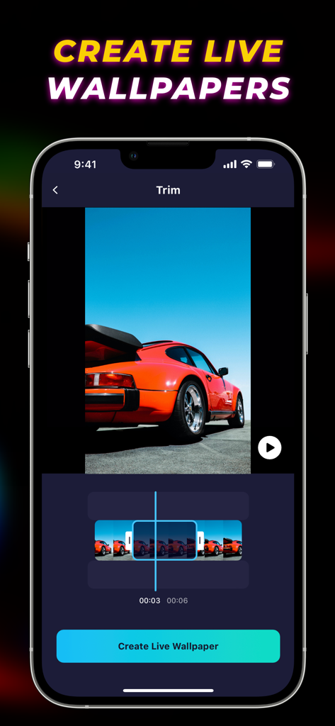 The video trimming interface in Live Wallpaper Maker 4K app featuring an orange sports car.
