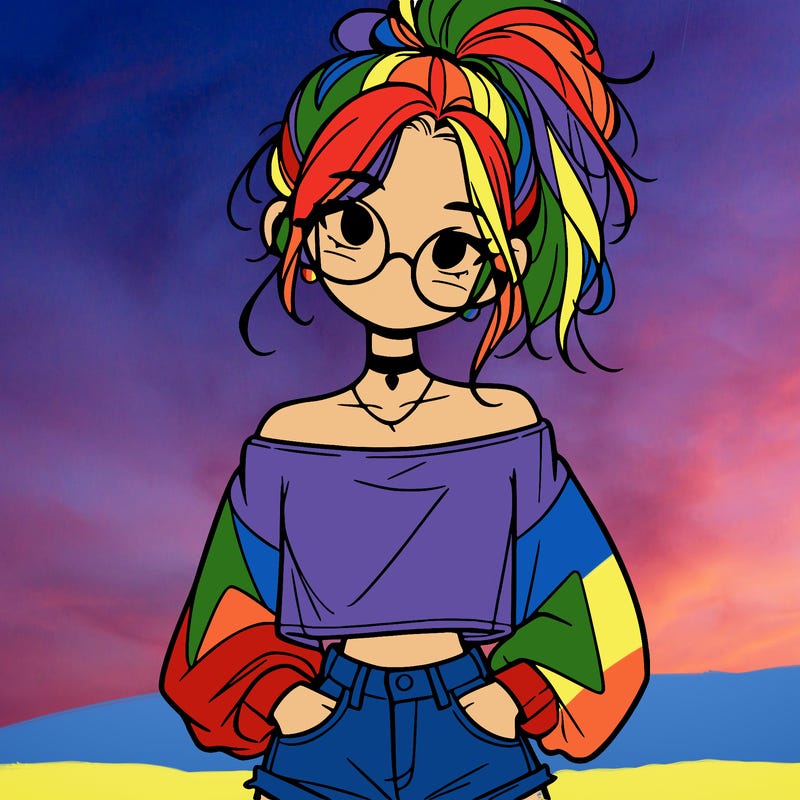 girl with a messy ponytail glasses a baggy crop top and jean shorts