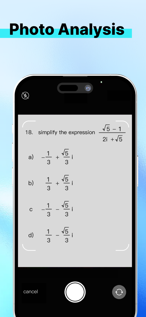 GenieX - AI Chat - Tela de smartphone mostrando o recurso de análise de fotos do aplicativo GenieX AI Chat escaneando um problema de matemática para solução.