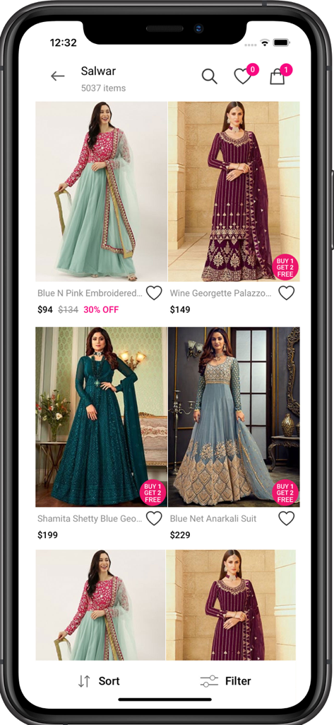 Cbazaar mobile app shopping screen showing various women's salwar kameez and ethnic fashion designs.