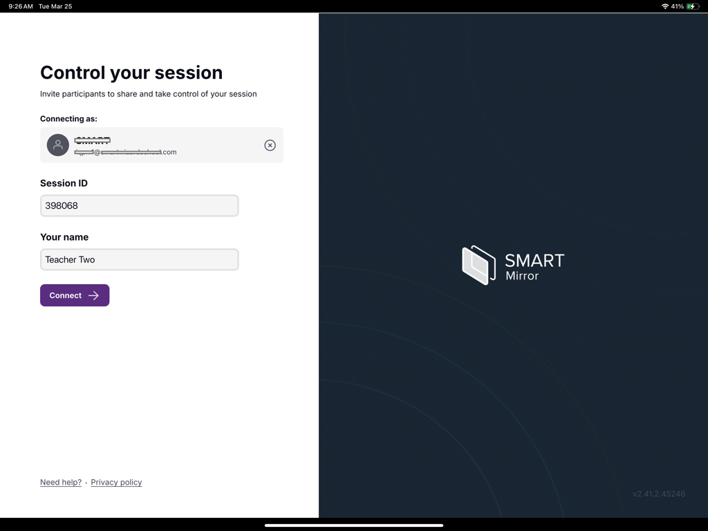 SMART Mirror tablet app session setup screen with fields for session ID and user name