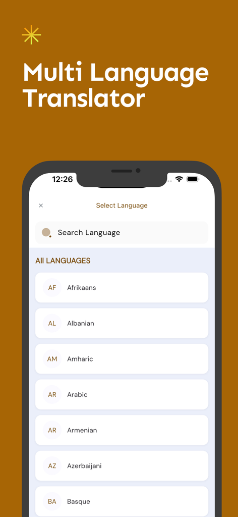 English Bangla translator - Interface showing a list of available languages for translation in the English Bangla Translator app.