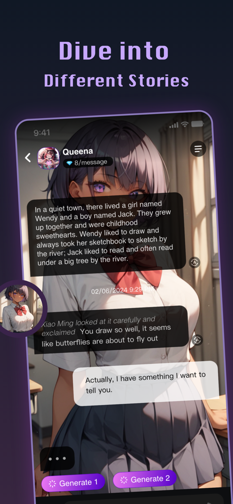 Waifuu: Anime AI Dating Sim - Uma interface móvel do aplicativo Waifuu mostrando um bate-papo interativo de IA de anime com uma personagem chamada Queena e uma narrativa de história de roleplay.