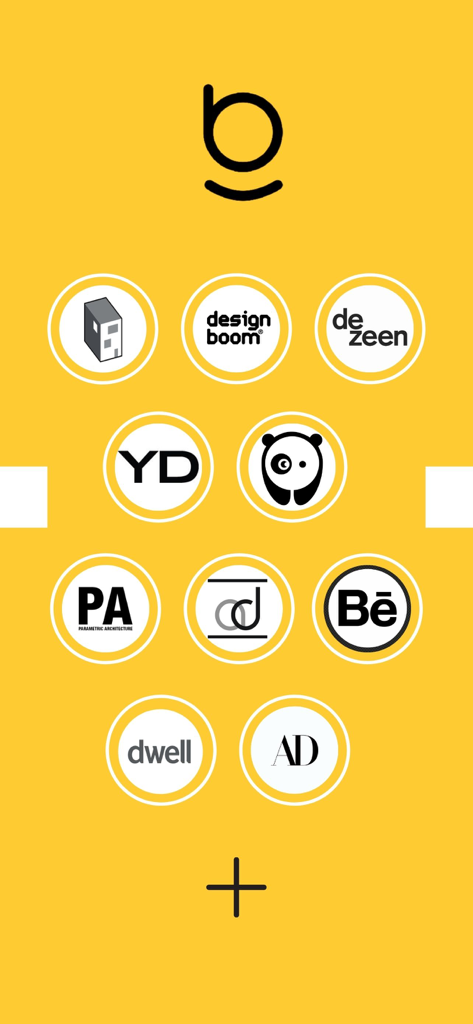 BLENDIN - Design News Inshort - Pantalla de la aplicación móvil que muestra una colección de logotipos de las principales publicaciones de diseño como Dezeen y Architectural Digest sobre un fondo amarillo
