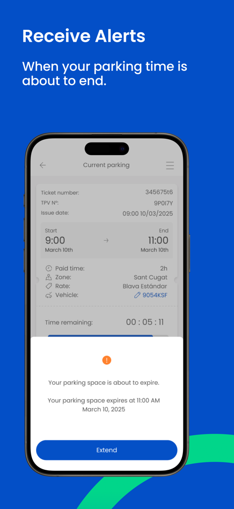Blinkay: smart parking app - Tela do aplicativo Blinkay exibindo um alerta de expiração de estacionamento e um botão para estender a sessão.