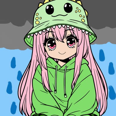 girl with anime shaped eyes with a dinosaur bucket hat oversized sweatshirt long straight hair