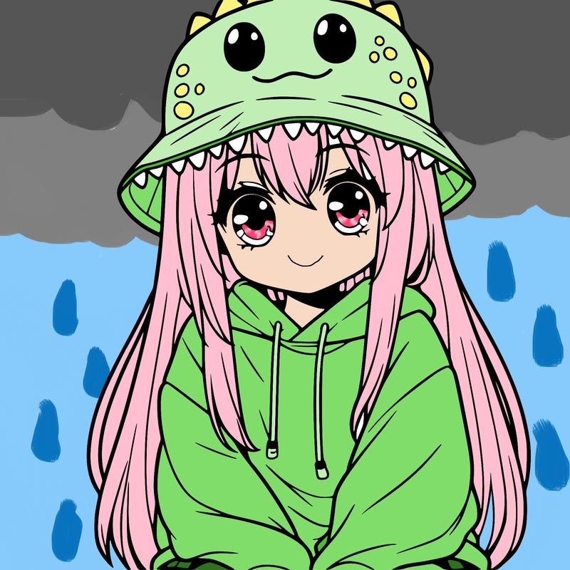 girl with anime shaped eyes with a dinosaur bucket hat oversized sweatshirt long straight hair