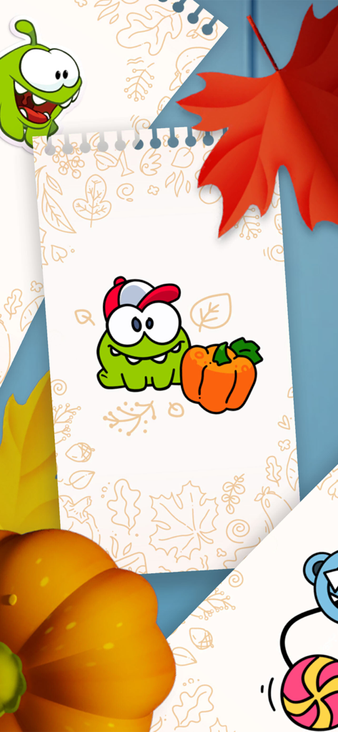 Cut the Rope Daily - Om Nom wearing a baseball cap next to a pumpkin with autumn leaves