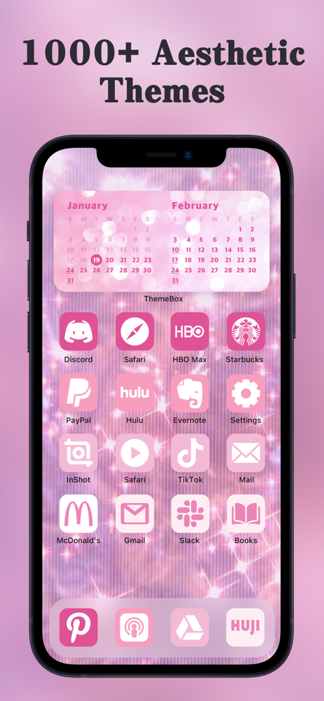 ThemeBox -Widgets,Themes,Icons - Pink aesthetic iPhone home screen with custom app icons and calendar widget