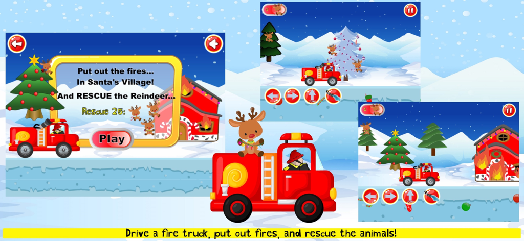Gameplay screenshots of a fire truck game for kids featuring a Santa Village theme with reindeer rescue missions.