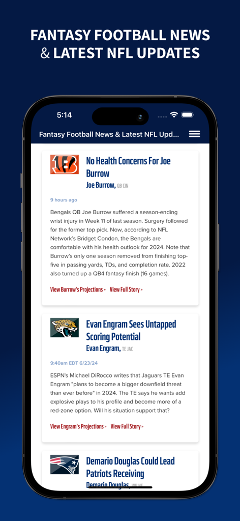 Draft Sharks Fantasy Football - Draft Sharks app news feed displaying the latest NFL updates and player reports