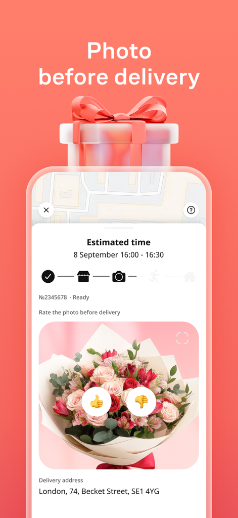 Flowwow app interface showing a flower bouquet photo for customer approval before delivery.