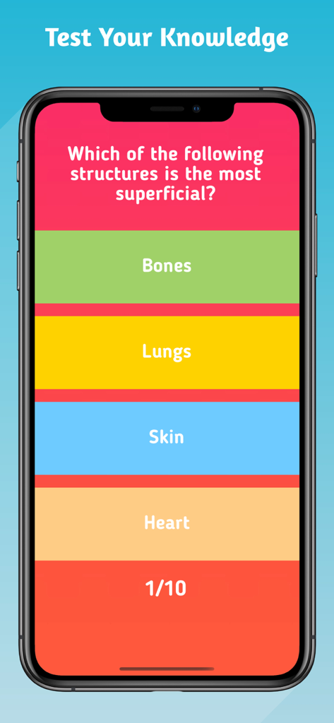 Anatomy and Physiology Quiz. - Anatomy and Physiology Quiz app interface showing a multiple choice question about human body structures