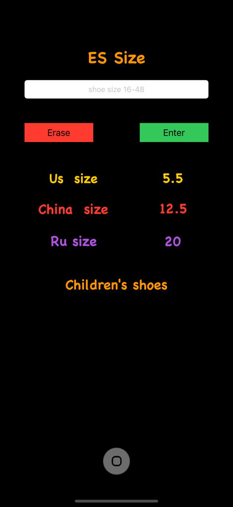 AB LegSize-App-Oberfläche, die Umrechnungsergebnisse für Kinder-Schuhgrößen in den USA, China und Russland anzeigt