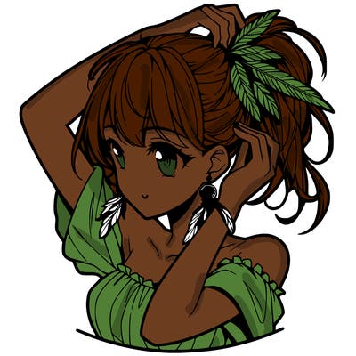 anime girl tucking her hair behind her ear with feathered earrings