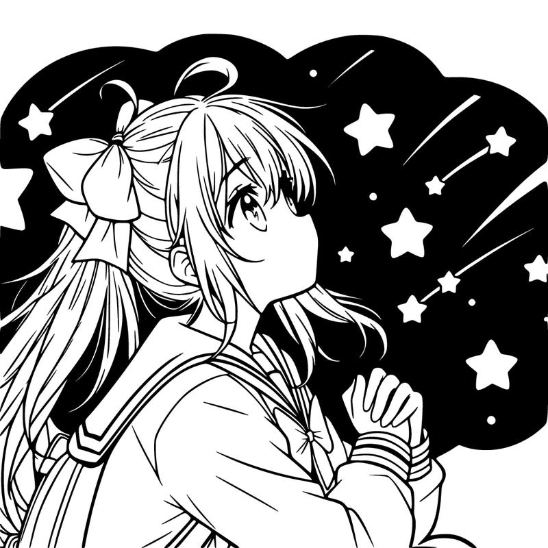 anime girl, looking at shooting stars