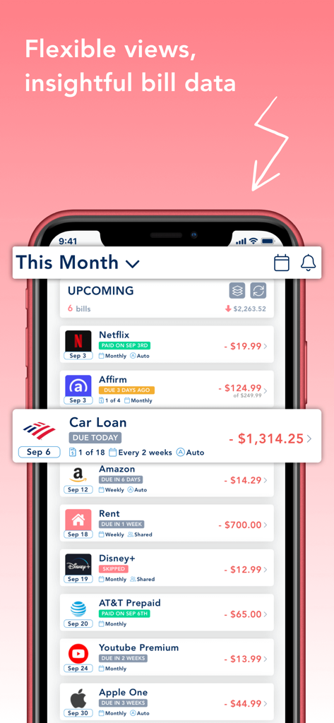 BillOut - Bill Tracker - Interface of the BillOut app showing a monthly list of upcoming bills including car loan rent and subscriptions