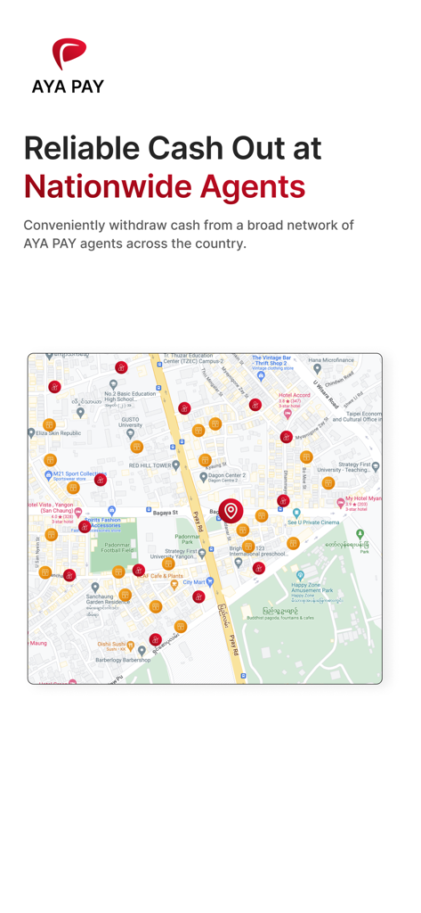 Map display showing nationwide AYA PAY agent locations for cash withdrawals