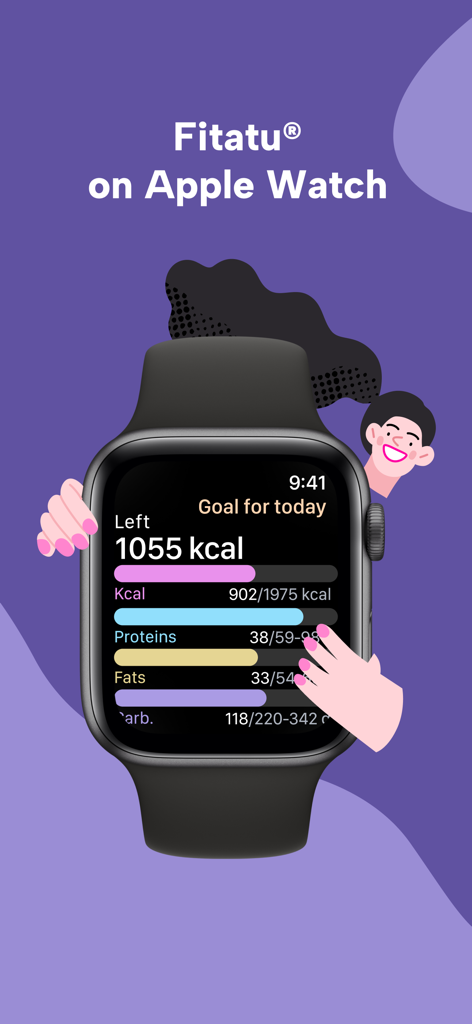 Fitatu AI Calorie Counter - Fitatu calorie counter interface on an Apple Watch displaying daily nutrition goals and macro tracking