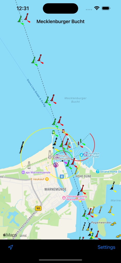 A detailed nautical navigation chart showing buoys and coastal markers in the Open Sea app.