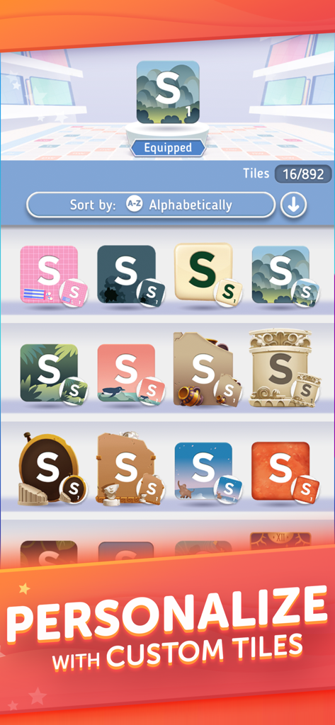 A gallery of diverse and colorful custom Scrabble tile designs for player personalization.