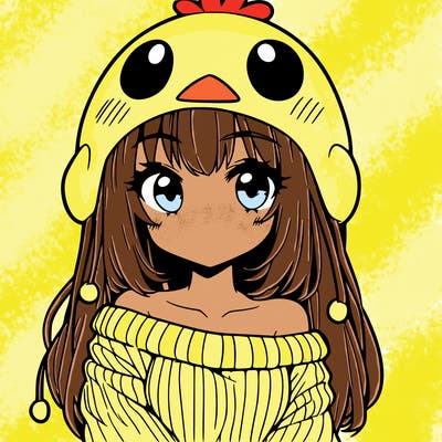 anime girl with chick shaped hat with sweater with bare shoulders with bangs covering them one eye with low tail