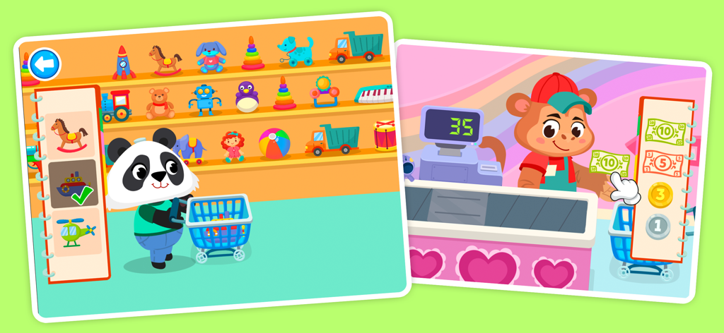 Supermarket Story - Screenshots showing a panda shopping in a toy store and a monkey working at a cash register