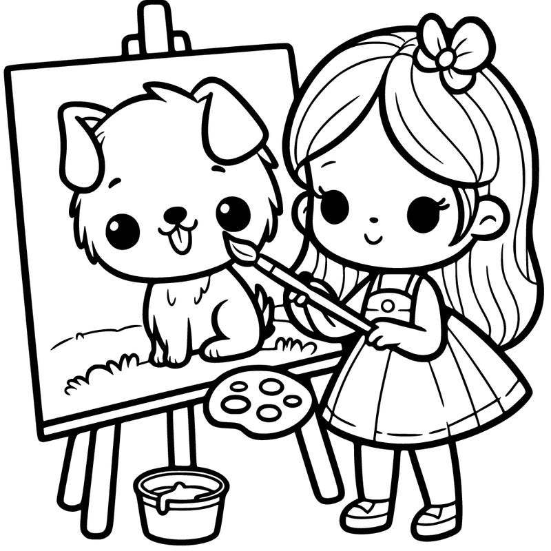 girl painting a dog on a canvas