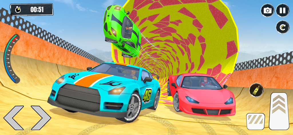 Extreme Car Driving: Mega Ramp - Coches realizando saltos y acrobacias en una colorida mega rampa.