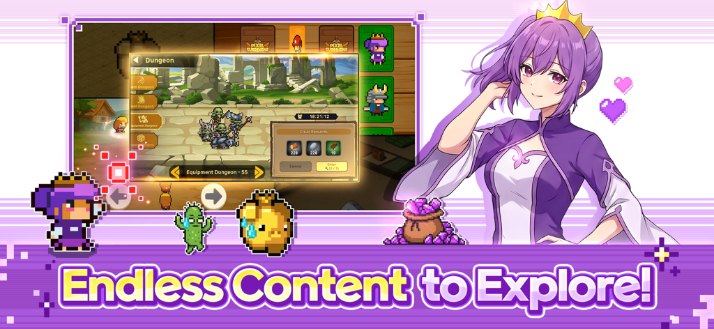 A purple haired anime character and pixel art heroes showcasing the dungeon selection menu and rewards.