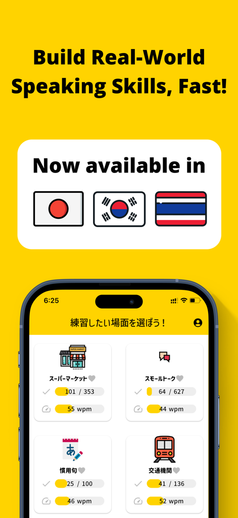InstaEnglish—Speak&Learn Fast - Captura de pantalla de la aplicación InstaEnglish que muestra banderas de idiomas y escenarios de práctica de conversación en inglés con seguimiento del progreso de PPM.