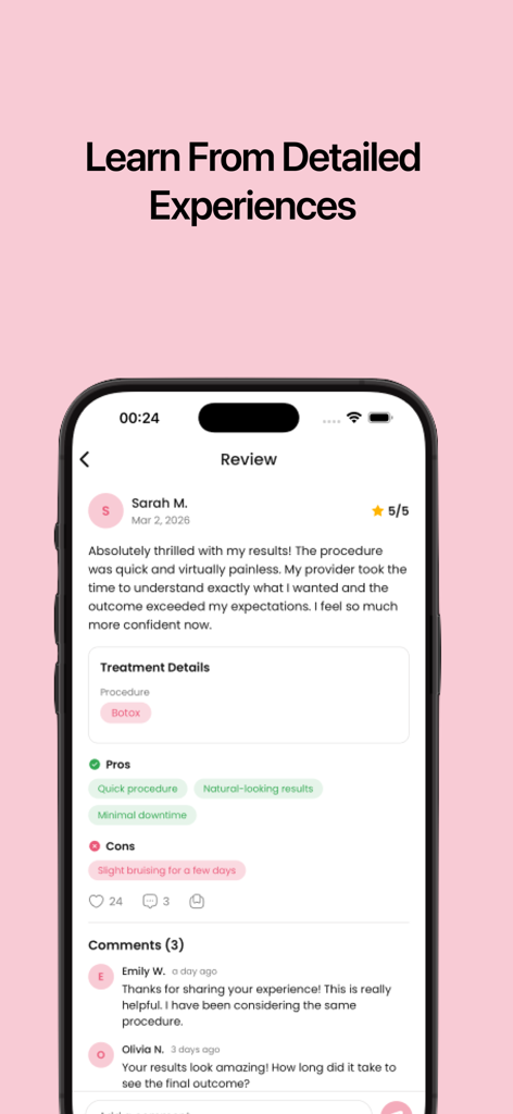 Aesthetic Valley - A detailed Botox treatment review on the Aesthetic Valley mobile app showing user feedback and ratings